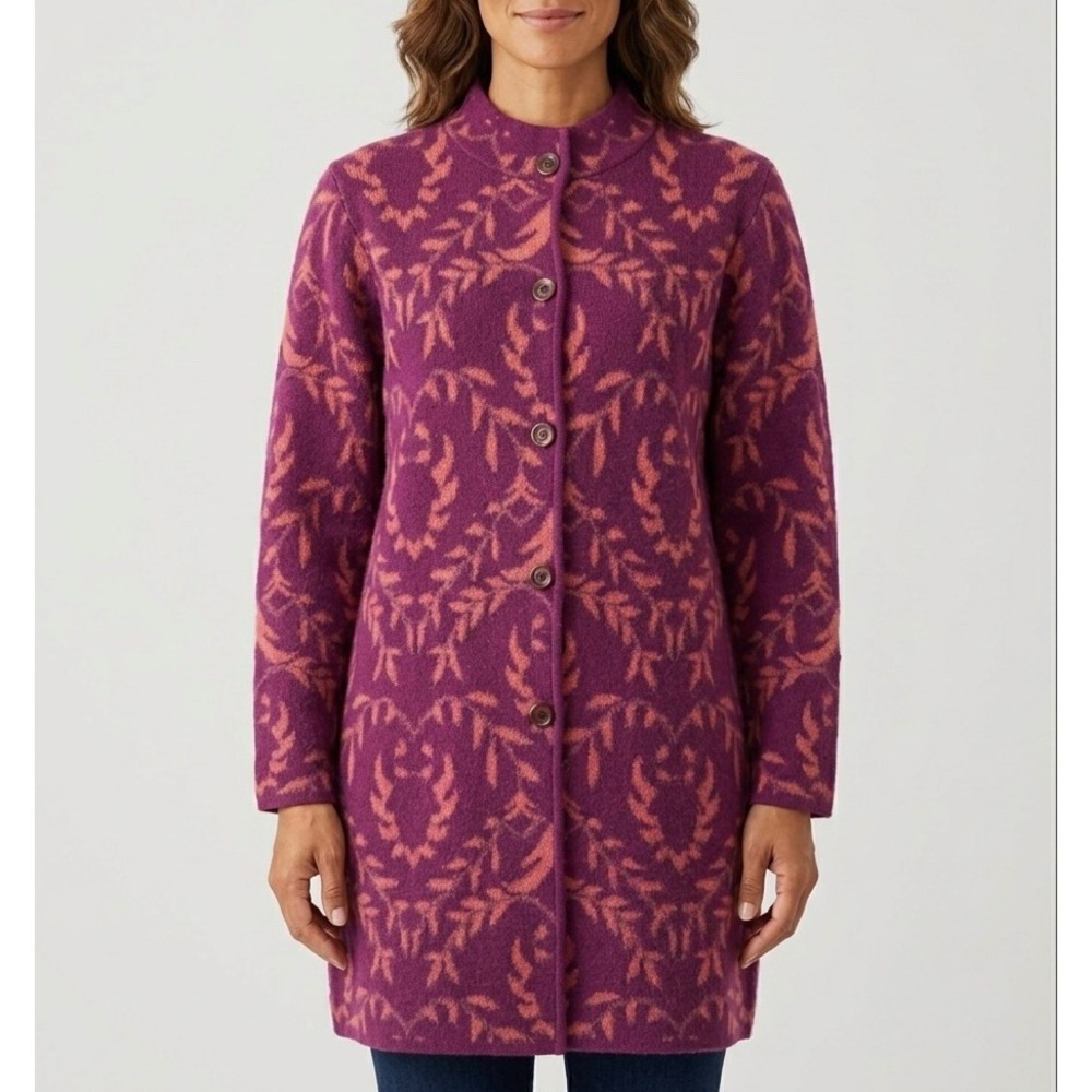 Sundance Cardigan Coat Merino Wool Blend Button Front Jacquard Purple Pink Large - Picture 1 of 8